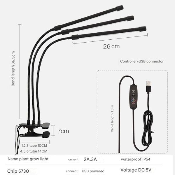 3 Färger Växtlampor/Växtbelysning med Flexibla LED-lysrör, 1-pack, för Växttillväxt (med Gratis Temperatur- och Luftfuktighetstestare)