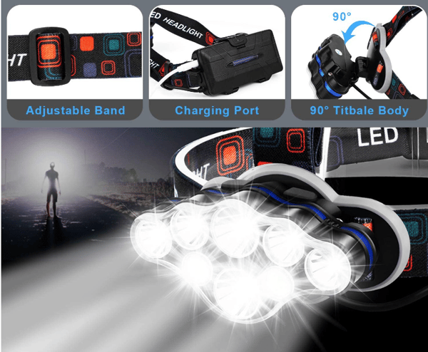 USB-ladende LED utendørs multifunksjonell camping nattfiske vanntett hodelykt med lang batteritid