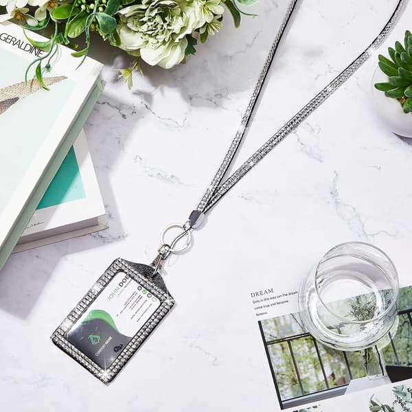 Krystall Lanyard Halskjede med Kortholder Dame Sølv Bling