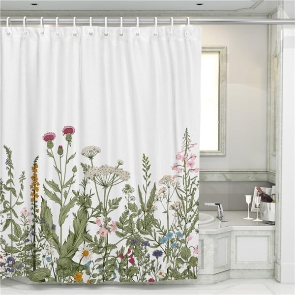 Duschdraperi med 12 ringar för fixering, 180x200 cm, gröna växter