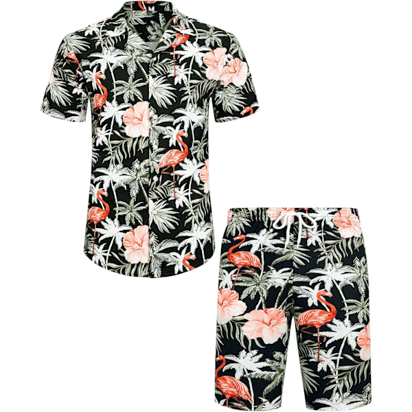 Herr Hawaiian skjorta och shorts set Regular Fit kortärmad casual funky strand flamingo skjorta set L Black Flamingo Palm