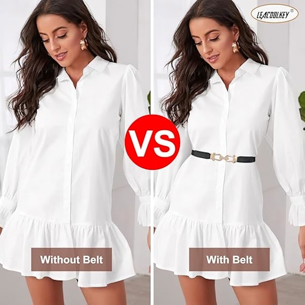 Elastisk, smalt belte for damekjoler, tynt retro stretch midjebelte med gullspenne