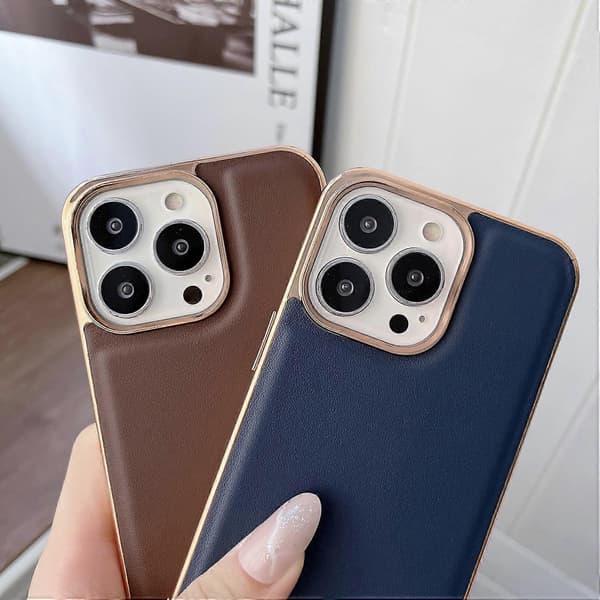 För iPhone 14 Plus Äkta Läder Xiaoya Serien Nano Elektropläterat Telefonfodral