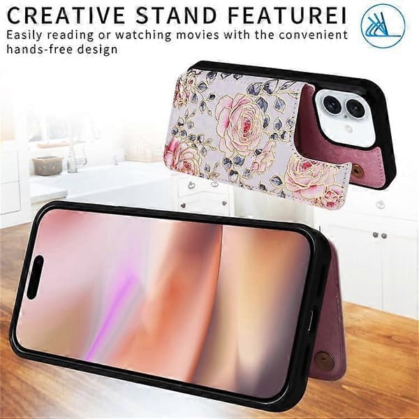 Kompatibel til iPhone 16 Plus Kort Slots Etui Blomst Læder+TPU Telefon Cover RFID