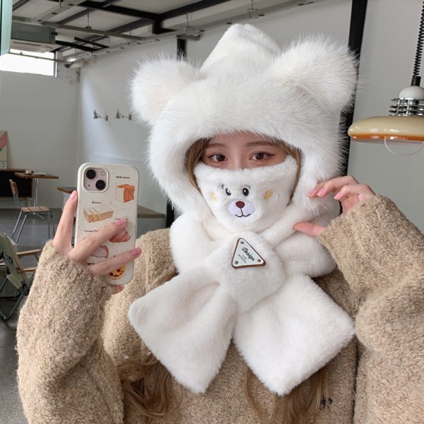 Melkehvit Bear Treasure - todelt sett + Maske Kaninører lue Imitert minkhår vinterbeskyttelseshatt Off-white color