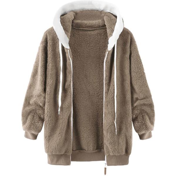 Hættejakke til kvinder, Teddy Fleece-frakke, Overgangsjakke med hætte og lommer, lynlås, efterår, vinter, plysjakke, fleecejakke, vinter S D Khaki