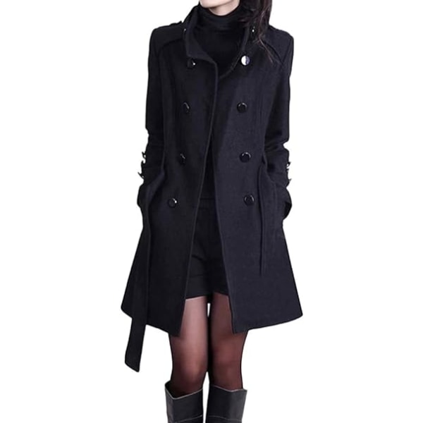 Sort plus-size-snørefrakke til kvinder mellemlang trenchcoat /L black L