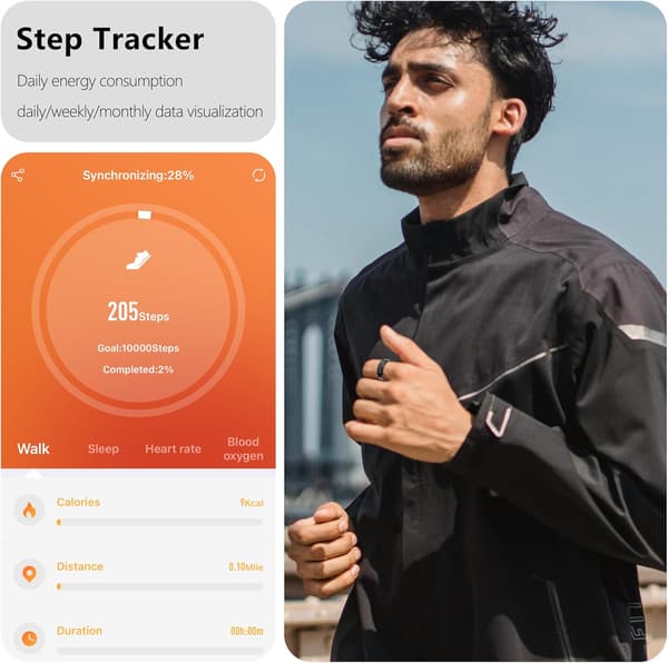 Smartring med aktivitetsmåler, har skritteller, søvnmonitor, er vanntett og har lang batteritid, kompatibel med iOS og Android. Black steel No. 7