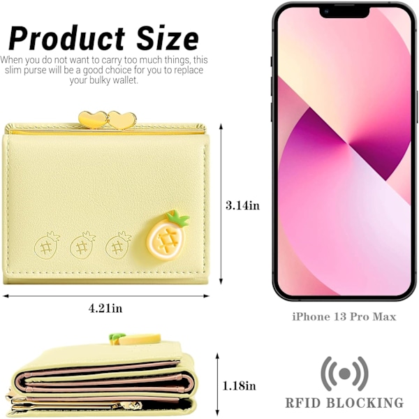 Damplånbok, Konstläder, Liten Bifold-plånbok med RFID-blockering, 7 Kortfack, 1 Sedelfack, 1 ID-fönster yellow