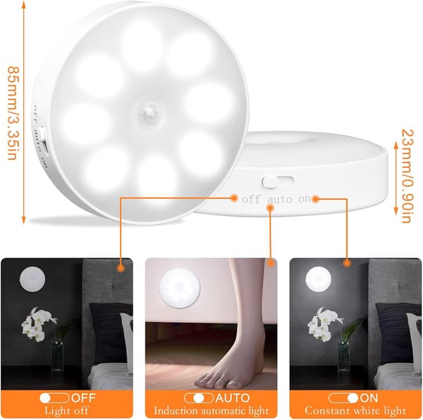 USB Genopladelig Bevægelsessensor Natlampe Skabslys 8 LED 3 Tilstande (Auto/On/Off)
