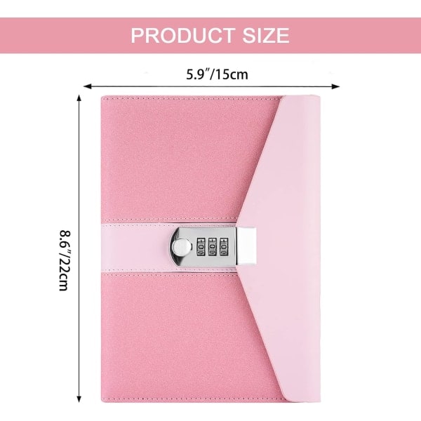 A5 aflåselig dagbog til erhverv, aflåselig penneholder og kortspor, kontorartikler studenterbrevpapir, størrelse 8,6\"x5,9\"（Pink）