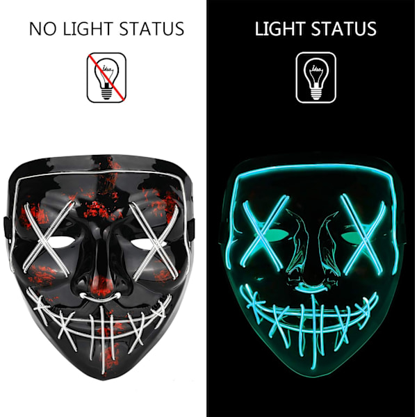 LED-maske med glødende lys - Skrekkmaske for cosplay, kostyme, karneval og høytider Ice Blue