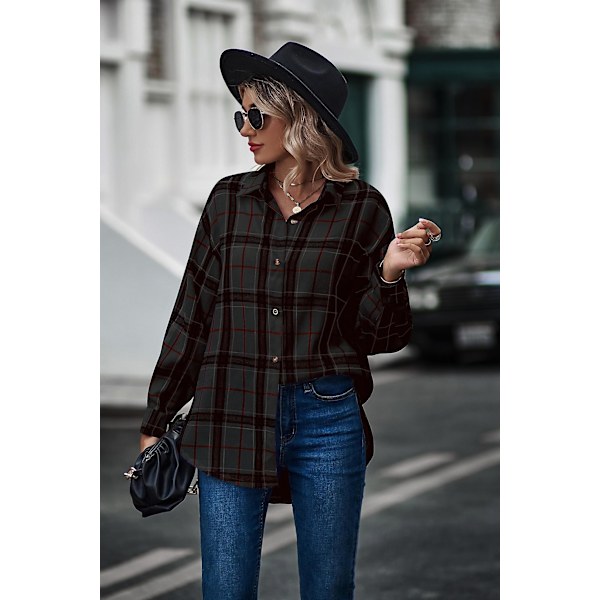 Rutete Langermet Skjorte Dame Knapper Ullblanding Tynn Jakke Casual Bluse Topper med Lomme Svart