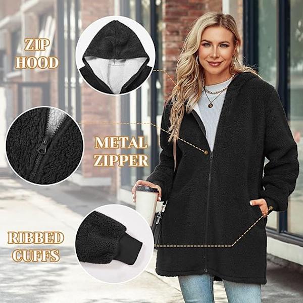 Dame Fleece Oversized Hoodie Frakke Zip Up Jakke Cardigan Bærbar Sweatshirt Hoodie Vinter Varmt Fleece Foret Hætte Frakke Fleece Tæppe med Lomme