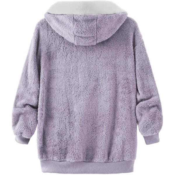 Hættejakke til kvinder, Teddy Fleece-frakke, Overgangsjakke med hætte og lommer, lynlås, efterår, vinter, plysjakke, fleecejakke, vinter XL A Purple