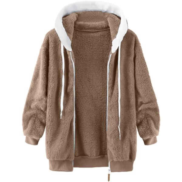 Hættejakke til kvinder, Teddy Fleece-frakke, Overgangsjakke med hætte og lommer, lynlås, efterår, vinter, plysjakke, fleecejakke, vinter XL B Khaki