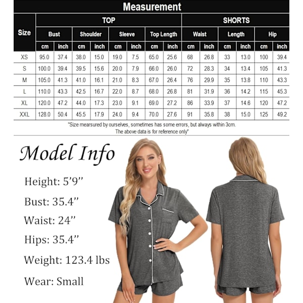 Kvinnors Pyjamas Set Kortärmad Nattkläder Dam Knäppning Nattkläder PJ Set med Ficka XXL Deep Grey