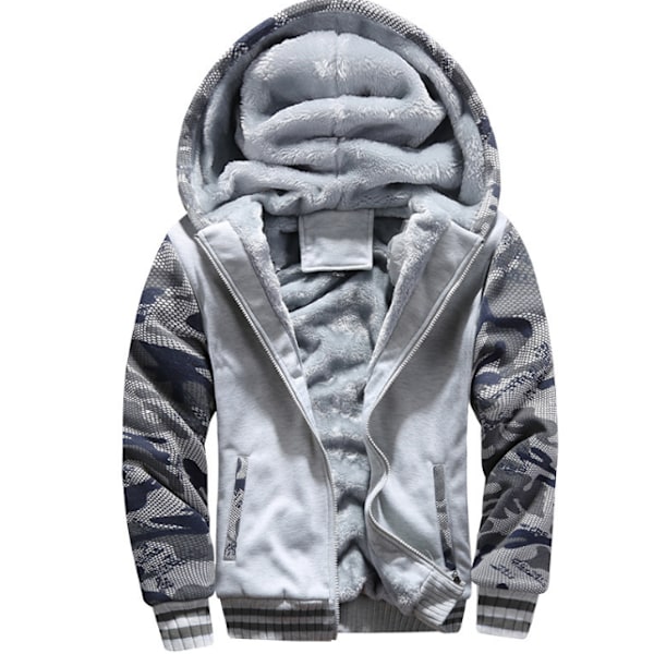 Mænds Trøje med Hætte, Varm Fleeceforet Sweaterjakke, Vinter Gym Fleece Hoodie, Fuldt Lynlås, Varm Tyk Frakke Light Gray M