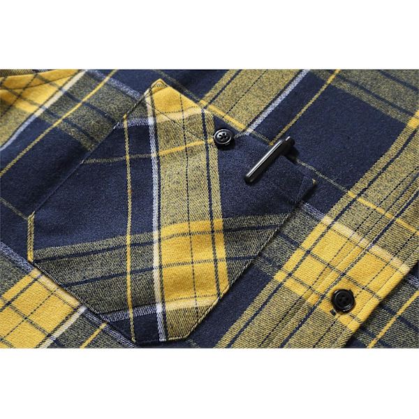 Herreskjorte med rutete mønster, langærmet skjorte med lomme, knappelukning, ternet skjortejakke i flanel, regular fit, 4 årstider, skjortejakke til tømmerhuggere, M-3XL Yellow Navy Blue XL