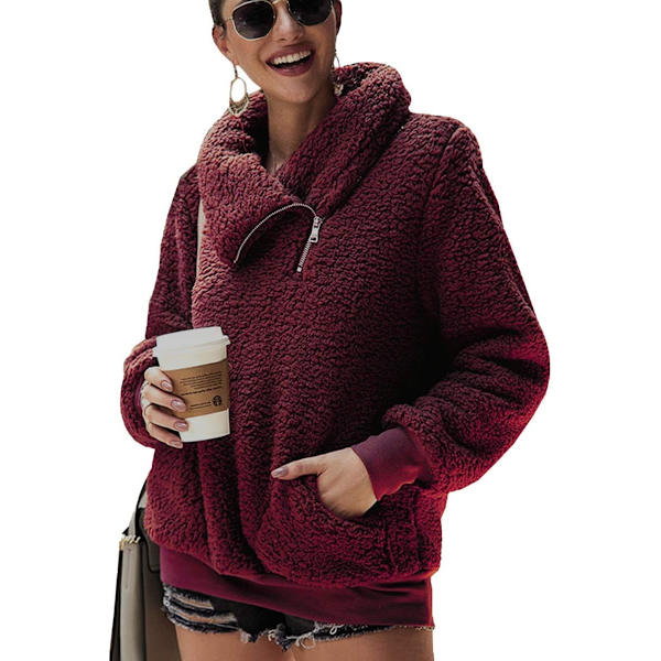 Dame Fleece Jakke, Quarter Zip Sweatshirt, Varm og Fleksibel Jakke til Vinter og Efterår Rojo M