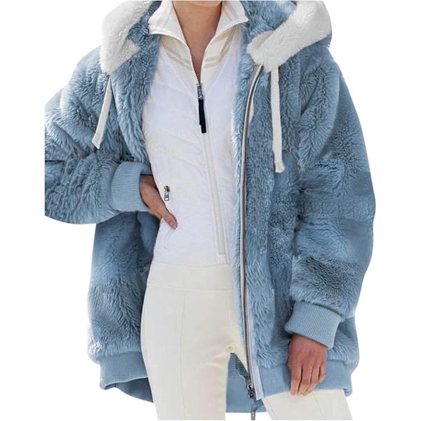 Hættejakke til kvinder, Teddy Fleece-frakke, Overgangsjakke med hætte og lommer, lynlås, efterår, vinter, plysjakke, fleecejakke, vinter S A Blue