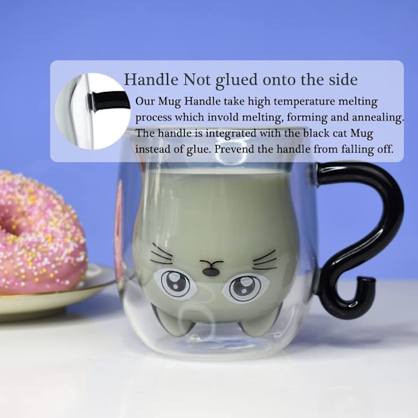 Bjørnekop Søde krus til kvinder Glas Dobbeltvægget isolerede glas Espresso kop, Kaffe kop, Tekop, Mælkekop, Bedste gave Black Cat
