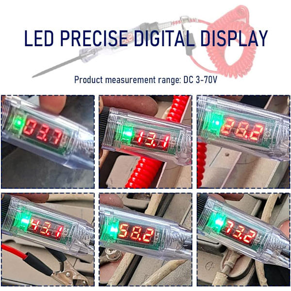 Tungt 3-70V biltestljus, digital LED-relätestare med 110\" teleskopisk fjäderkabel