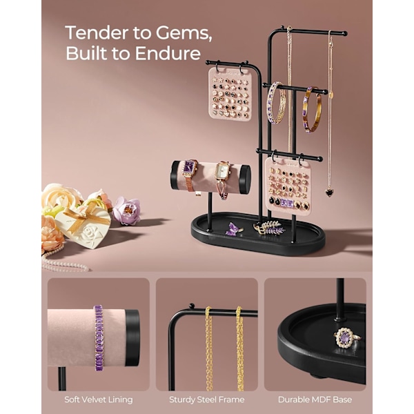 Smyckesställ, Smyckesorganisatör, Smyckeshållare med Metallram, 2 Örhängesbrädor, 4 Hängande Stänger, Halsband Örhänge Armband Hållare