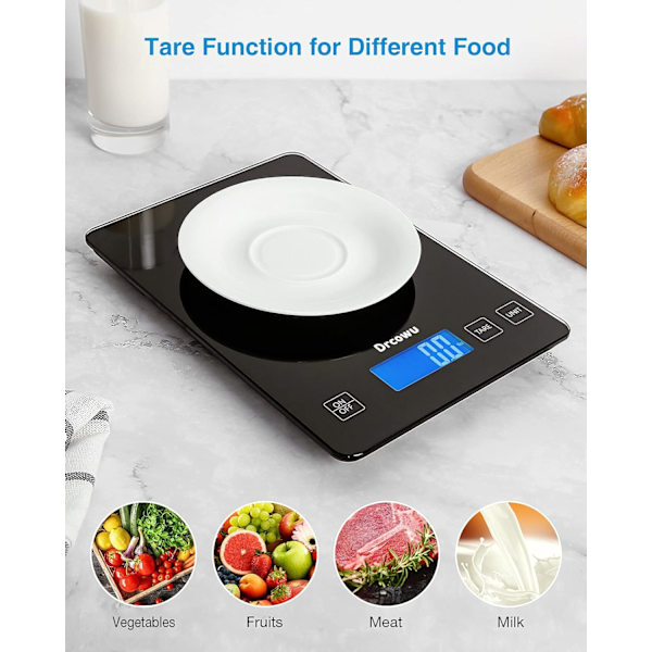 Matvekt 15 kg for matlaging og baking, elektrisk vekt med tarefunksjon, gram og oz, bakgrunnsbelyst LCD, 1 g/0,1 oz nøyaktighet Black
