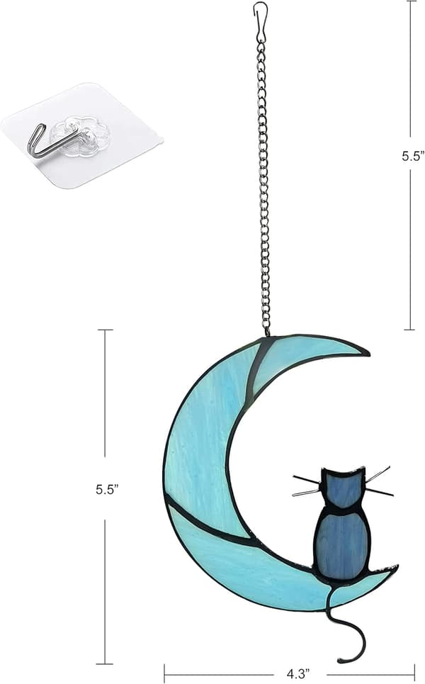 Sort Kat på Blå Måne Glasmaleri Kat Ornament Cat on a blue moon