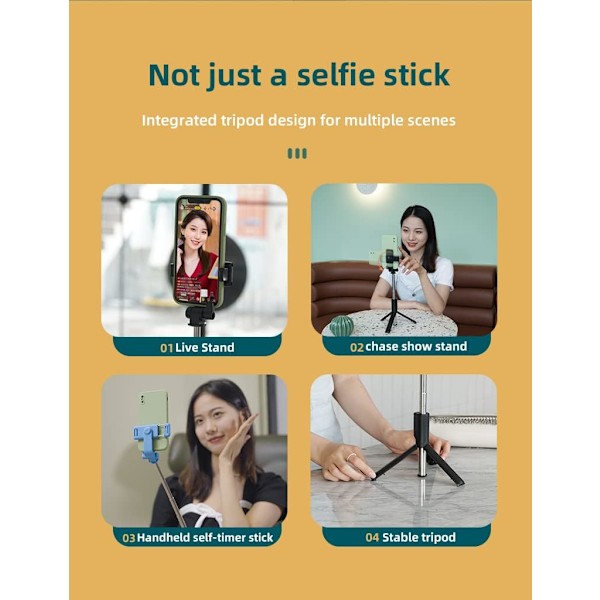 Selfie Stick Tripod med Trådløs Fjernbetjening - 4 i 1 Udtrækkelig Bærbar til Mobiltelefoner Kompatibel med iPhone 15/14/13/12/11 Pro/XS Max/XS/X/8/7 (Sort) Black