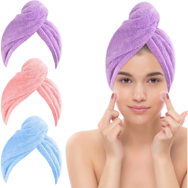 Hårhanddukspaket, Mikrofiber Hårhandduk med Knapp Super Snabb Absorberande Anti-Friss Snabbtorkande Hårhättor Twist Turban