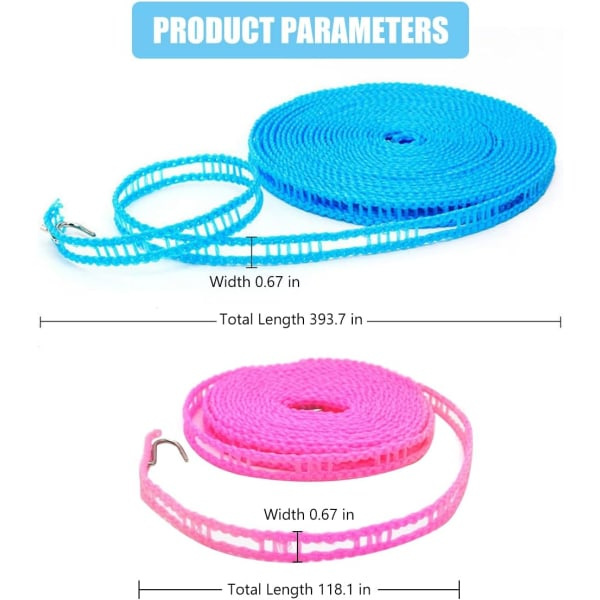 Vasketøjssnor, nylon, bærbar rejsesnor, campingsnor, stykker, pink, blå