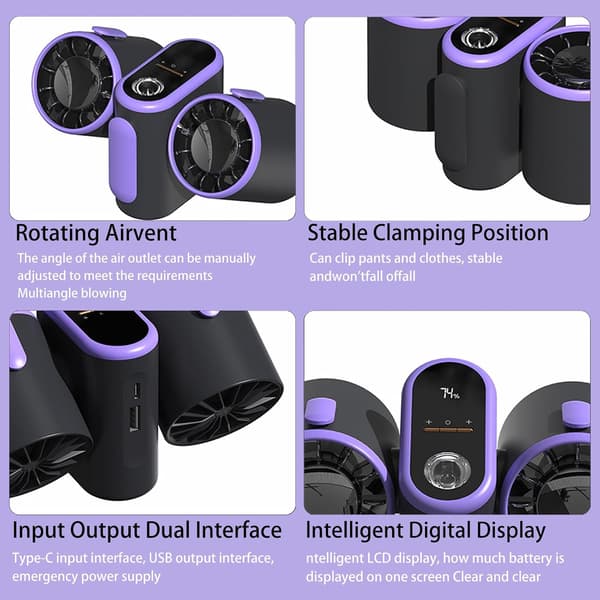 Dobbelt hoved taljeventilator, lille bærbar ventilator, campingventilator med belysning, smart digitalt display, mini bordventilator. Purple gray