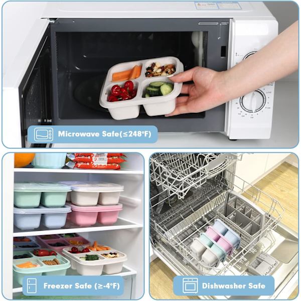 4-pack mellanmålsbehållare, 4 fack Bento-mellanmålslåda, återanvändbara matlådor för lunch (grön/blå/rosa/vit)