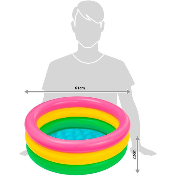 Oppustelig rund pool 3 ringe + oppustelig bund 61 x 22 cm, 28 l, blå, pink, grøn