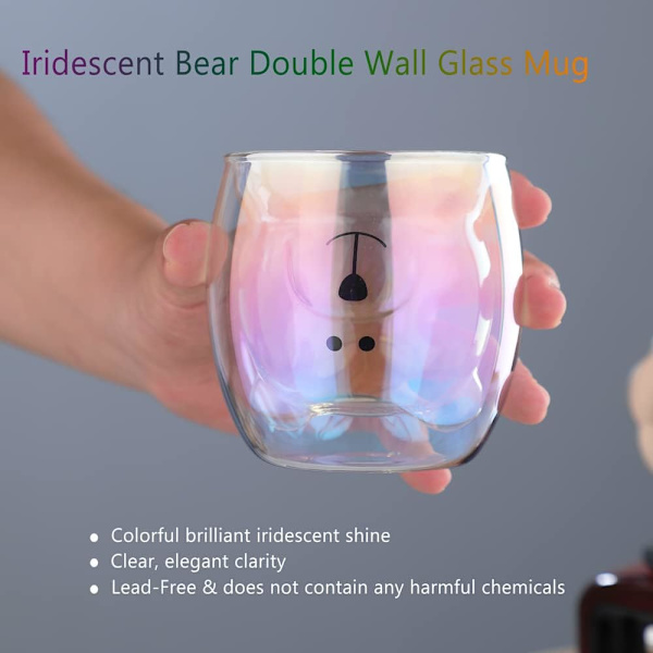 Bjørnekop Søde krus til kvinder Glas Dobbeltvægget isolerede glas Espresso kop, Kaffe kop, Tekop, Mælkekop, Bedste gave Iridescent Bear