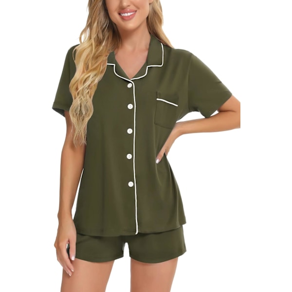 Kvinnors Pyjamas Set Kortärmad Nattkläder Dam Knäppning Nattkläder PJ Set med Ficka M Army Green