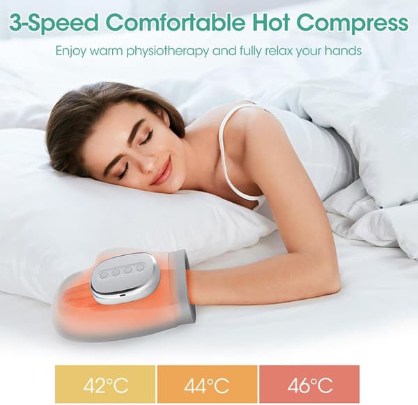 Denne smarte håndmassager har varme- og trykmassagefunktioner, 3 tilstande, 5 intensitetsniveauer og trådløs lufttryksmassage.