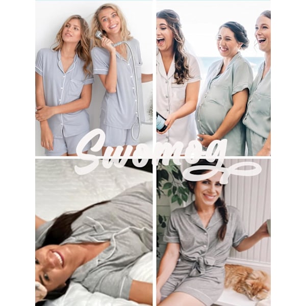 Dam Pyjamas Set Kortärmad Nattkläder Dam Knapp Ned Nattkläder PJ Set med Ficka M Grey