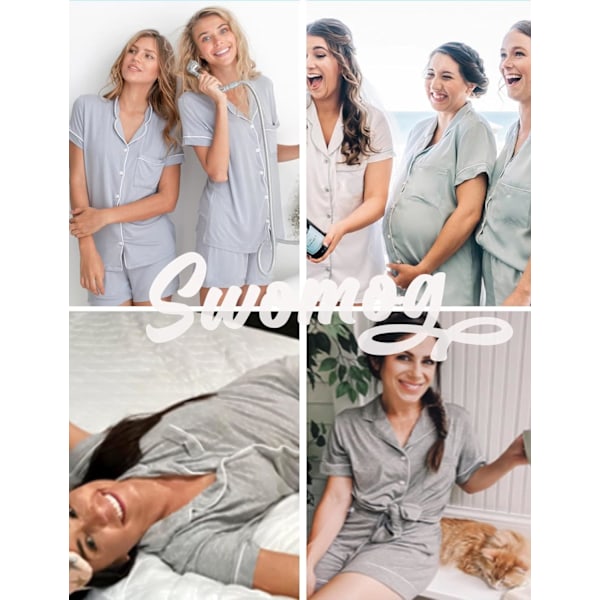 Dam Pyjamas Set Kortärmad Nattkläder Dam Knapp Ned Nattkläder PJ Set med Ficka XL Grey