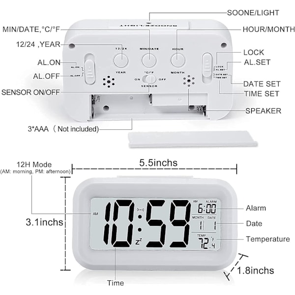 Uppgraderad digital väckarklocka, 4,3\" LED-display med temperatur, bärbar med batteridriven väckarklocka sängbord