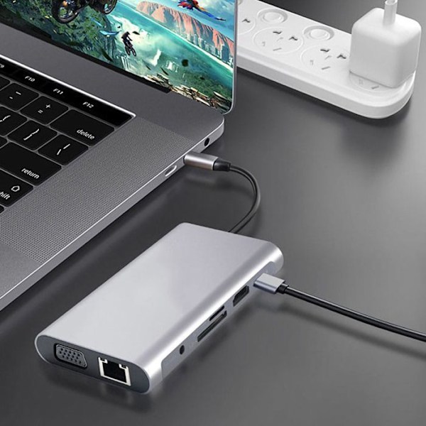USB C -telakointiasema, 11-in-1 USB C -keskitin 4K-HDMI:llä, VGA:lla, USB 3.0:lla, Type C:llä, PD-portilla, RJ45 Ethernetillä, SD/TF-kortinlukijalla, 3,5 mm AUX-liitännällä