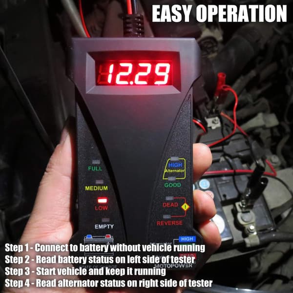 12V Digital Batteritest Voltmeter og Alternator Opladningssystem Analysator med LCD Display og LED Indikation, Sort Gummi Maling