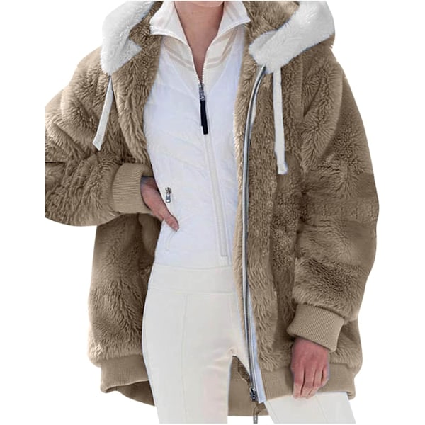 Hættejakke til kvinder, Teddy Fleece-frakke, Overgangsjakke med hætte og lommer, lynlås, efterår, vinter, plysjakke, fleecejakke, vinter S D Khaki