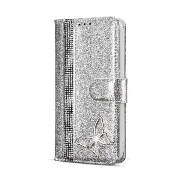 Glitter Puder Fjäril Läder Telefonfodral För iPhone 15 Plus