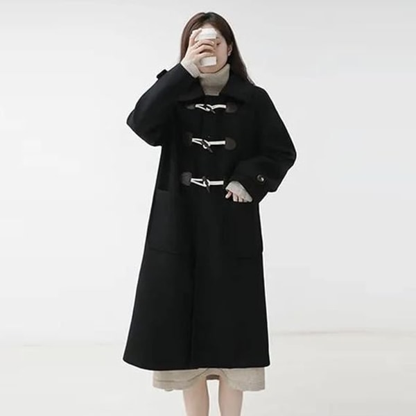 Lang sort damefrakke Lang trenchcoat duffelcoat /S black S