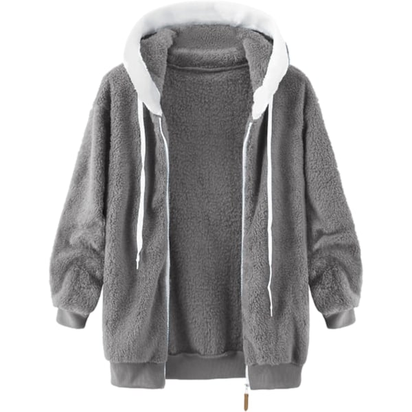 Hættejakke til kvinder Teddy Fleece Frakke Overgangsjakke med hætte med lommer lynlås efterår vinter plysjakke Fleecejakke vinter 4XL B Grey