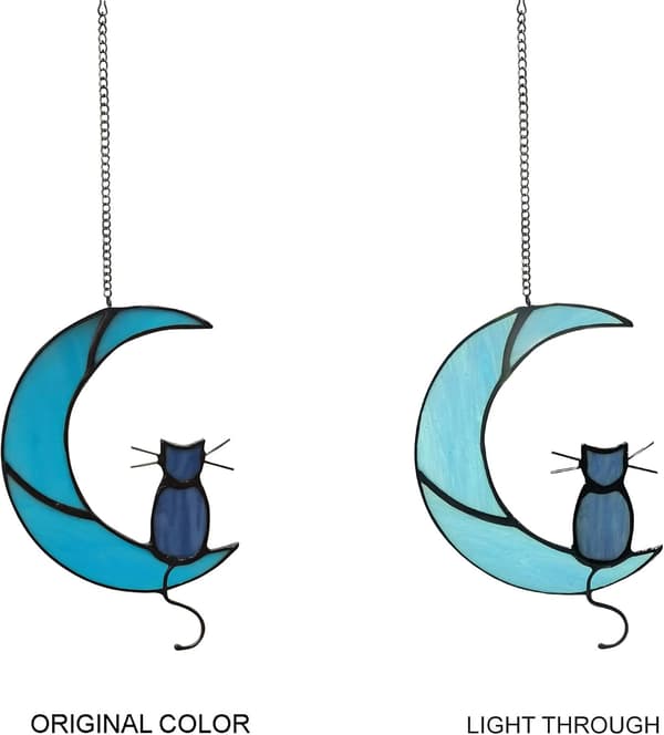 Sort Kat på Blå Måne Glasmaleri Kat Ornament Cat on a blue moon