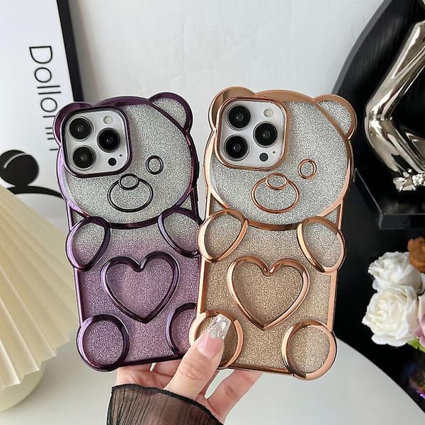 Bjørneformet elektroplettert TPU-telefondeksel med gradient glitterpapir for iPhone 14 Pro